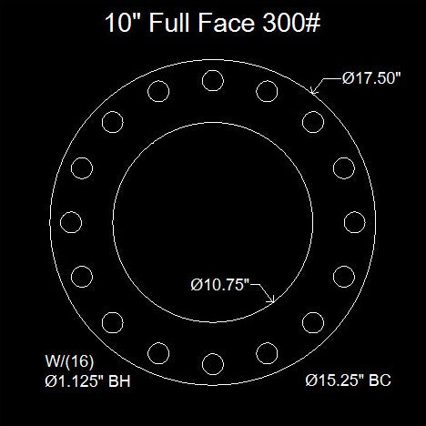 10" Full Face Flange Gasket (w/16 Bolt Holes) - 300 Lbs. - 1/8" Thick Nitrile (NBR) Buna-N