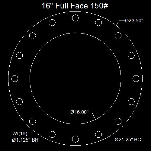 16" Full Face Flange Gasket (w/16 Bolt Holes) - 150 Lbs. - 1/16" Thick EPDM NSF-61