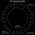 20" Full Face Flange Gasket (w/20 Bolt Holes) - 300 Lbs. - 1/8" Thick Garlock Blue-Gard 3000