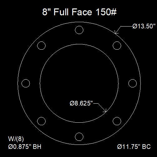 8" Full Face Flange Gasket (w/8 Bolt Holes) - 150 Lbs. - 1/16" Thick EPDM NSF-61