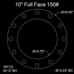 10" Full Face Flange Gasket (w/12 Bolt Holes) - 150 Lbs. - 1/16" Thick Garlock Blue-Gard 3000